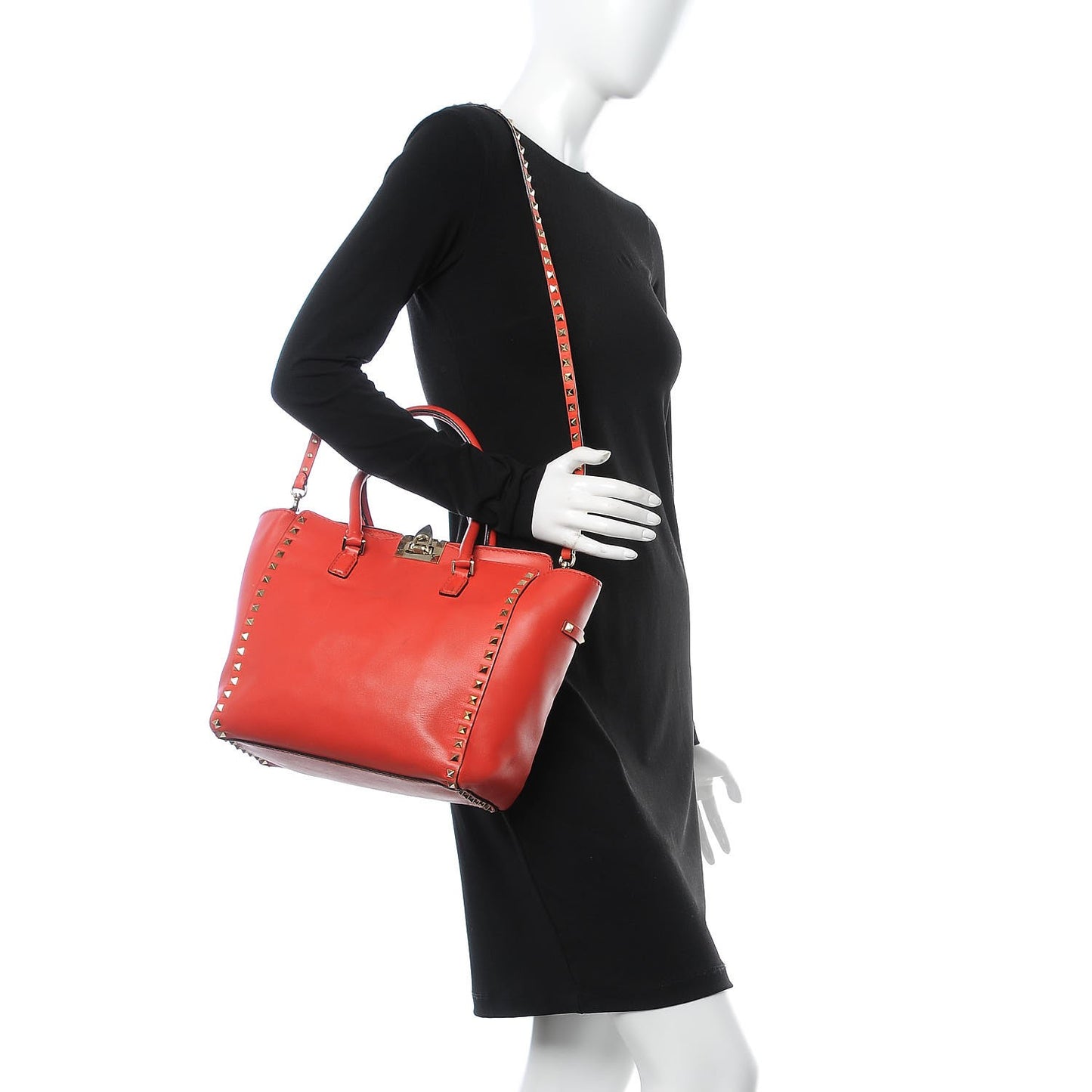Vitello Rockstud Double Handle Tote English Red