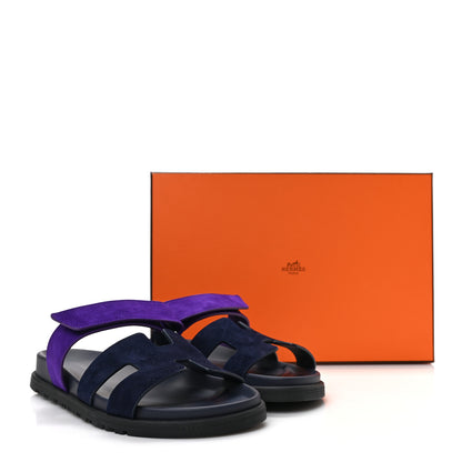 Hermes Suede Goatskin Womens Chypre Sandals 37.5 Marine Violet Majorette 9 of 9
