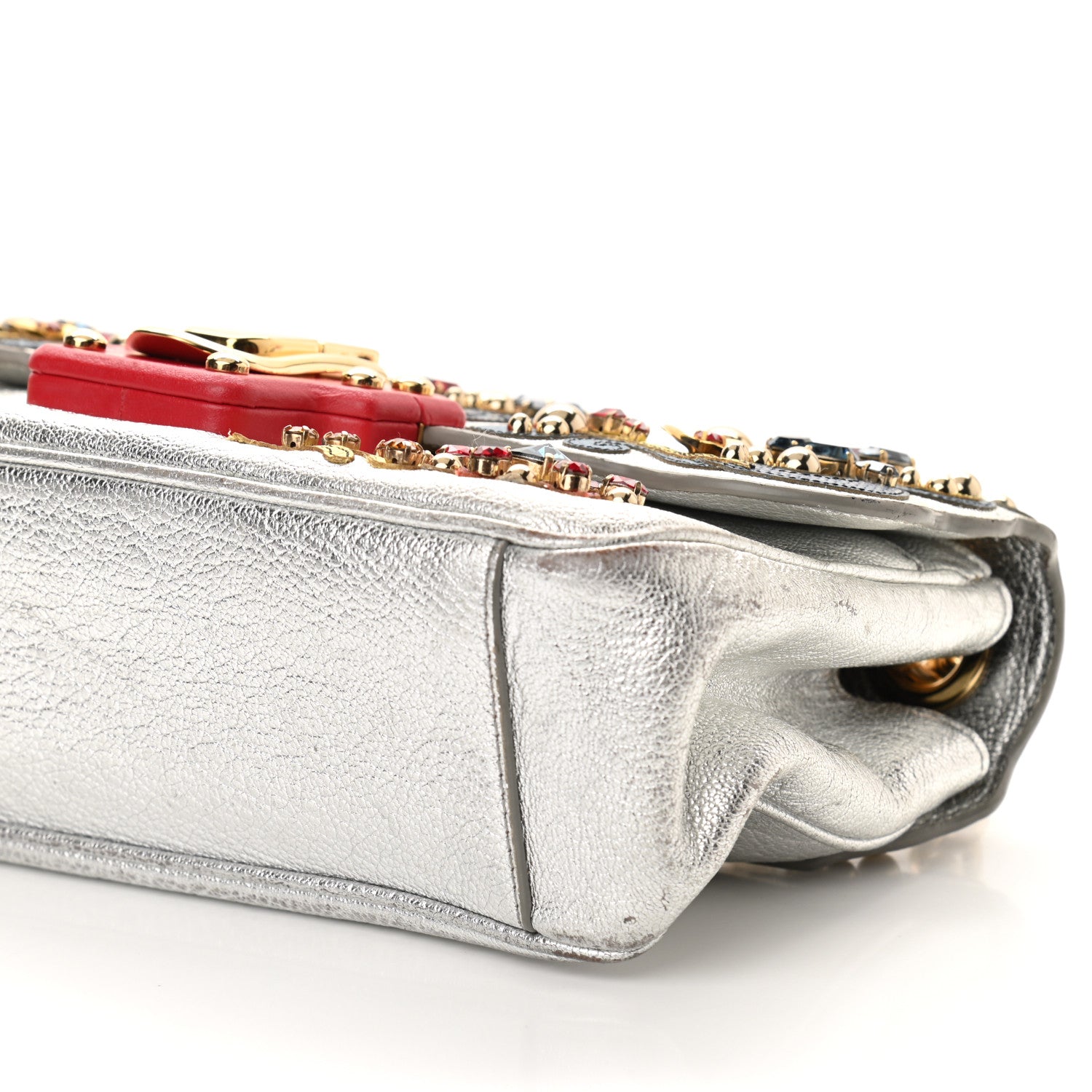 Dolce & Gabbana Metallic Calfskin Crystal Embellished Lucia Shoulder Bag Silver Multicolor 9 of 10