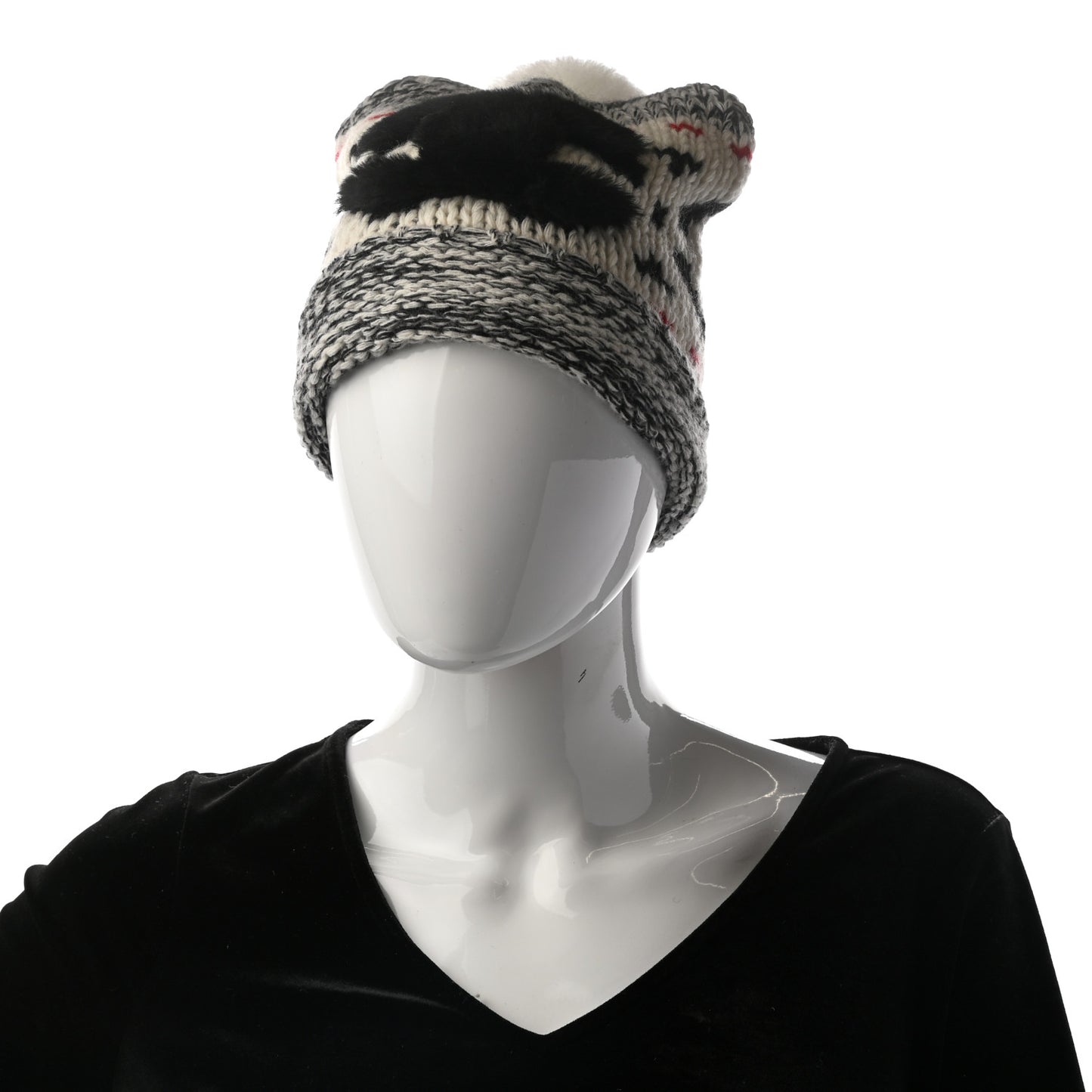 Wool Shearling CC Beanie Hat Ivory Black Red