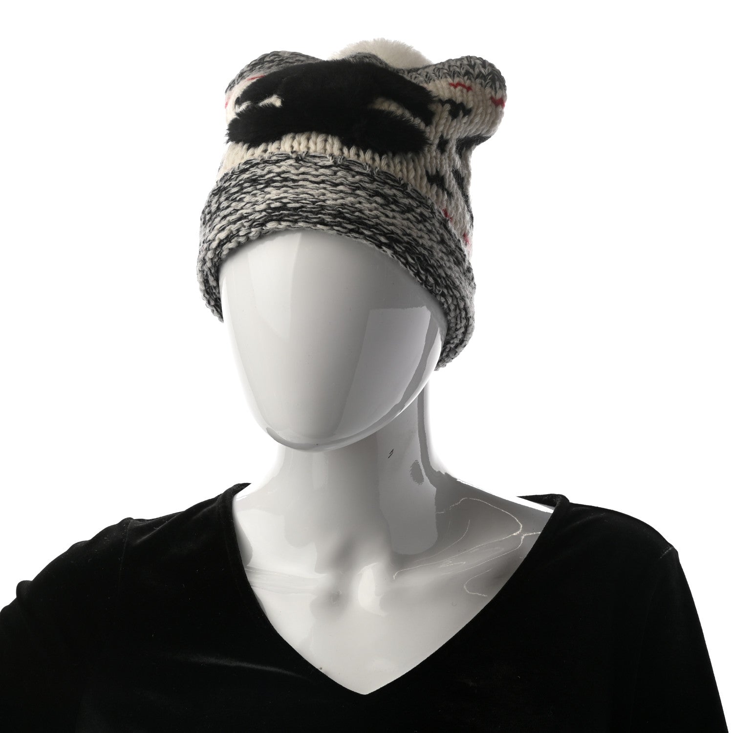 Chanel Wool Shearling CC Beanie Hat Ivory Black Red 2 of 5