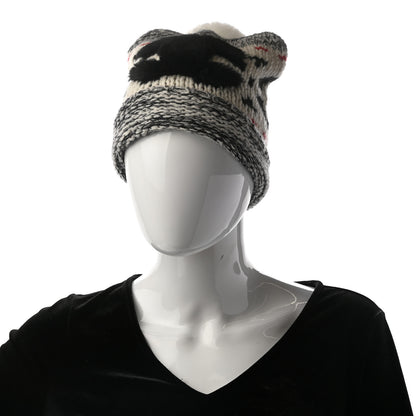 Chanel Wool Shearling CC Beanie Hat Ivory Black Red 2 of 5