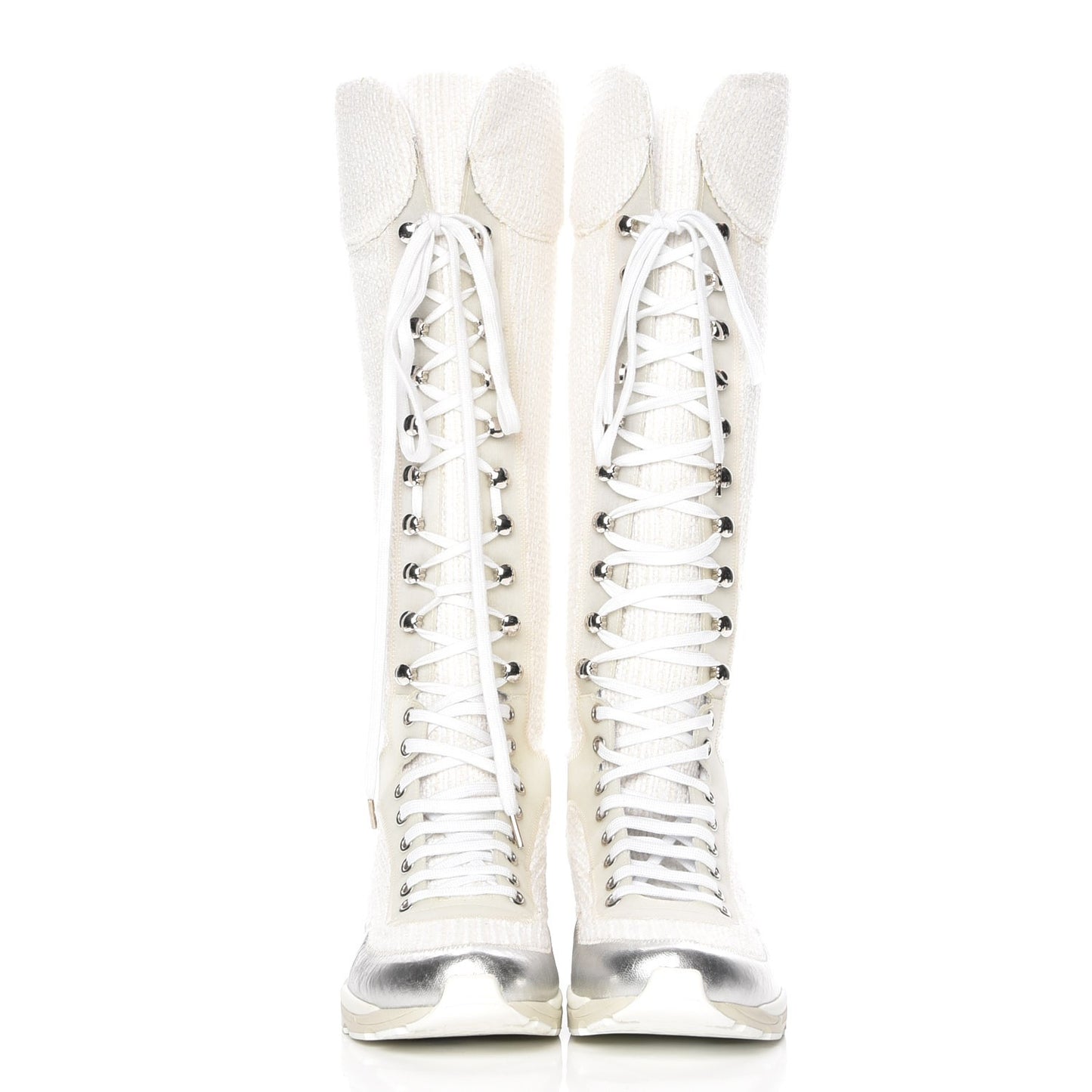 Tweed Suede Calfskin Sneaker High Boots 38 White Silver