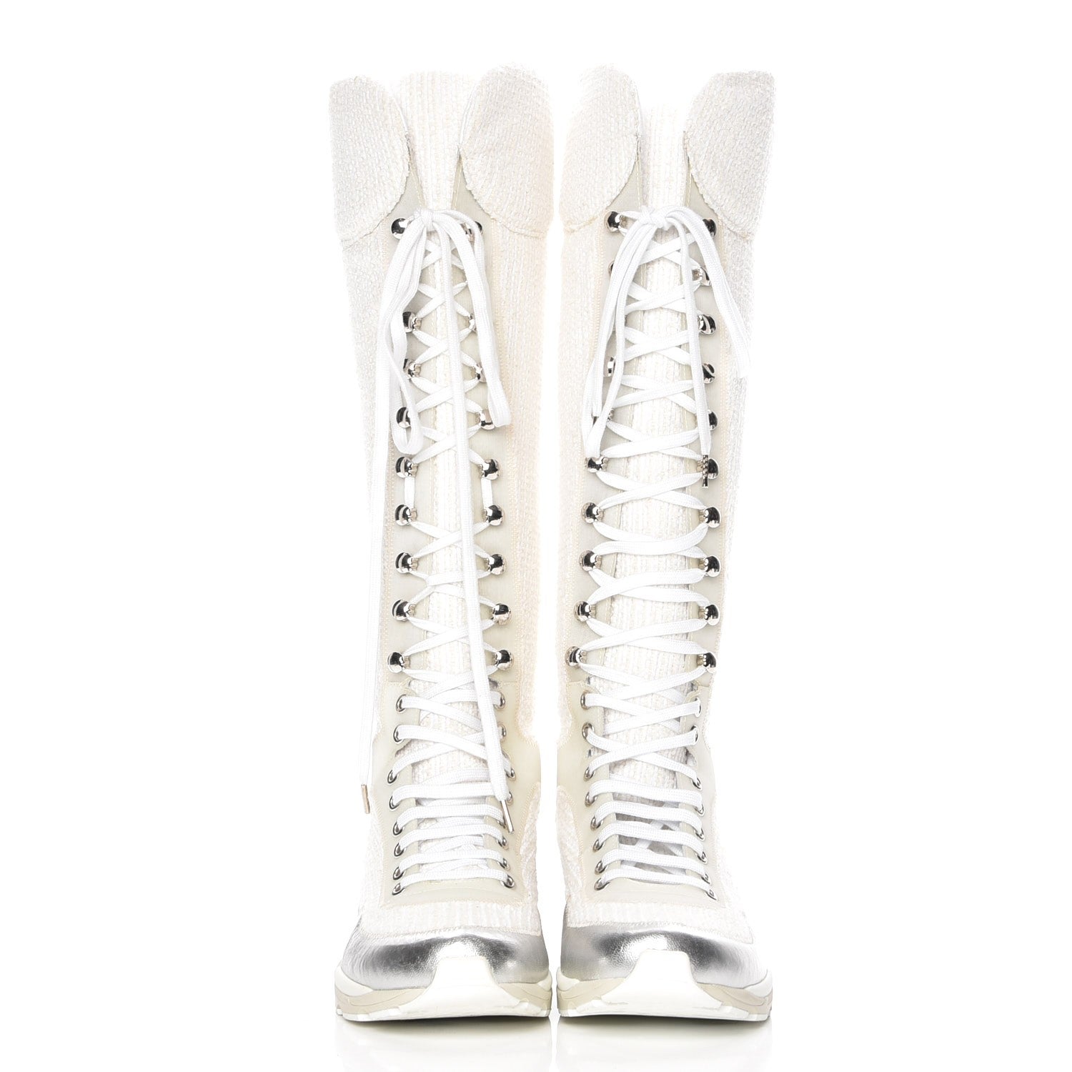 Chanel Tweed Suede Calfskin Sneaker High Boots 38 White Silver 2 of 6