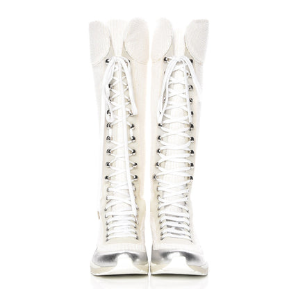 Chanel Tweed Suede Calfskin Sneaker High Boots 38 White Silver 2 of 6