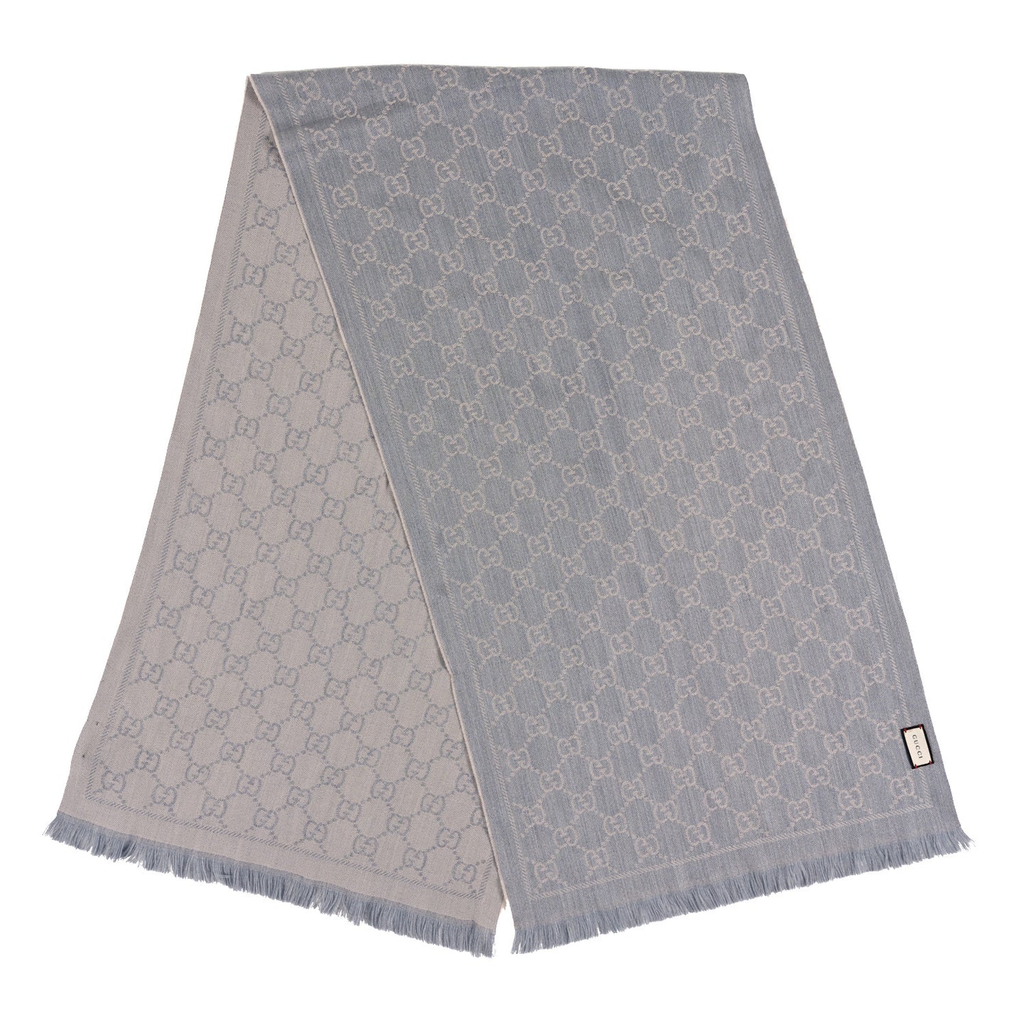 Wool Jacquard GG Monogram Sten Fringe Scarf Zinc Light Grey