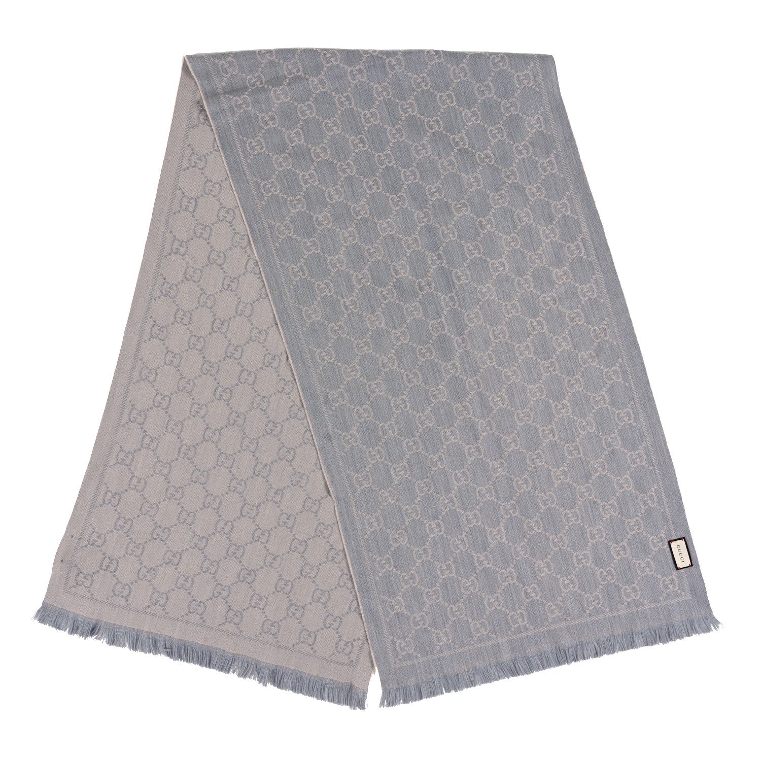 Gucci Wool Jacquard GG Monogram Sten Fringe Scarf Zinc Light Grey 2 of 3