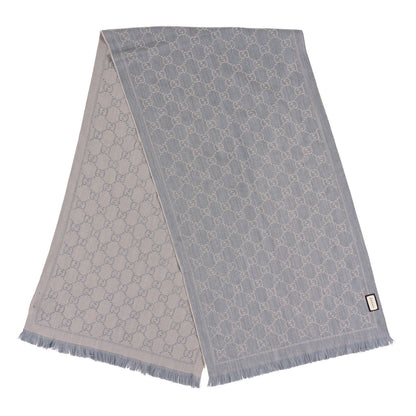 Gucci Wool Jacquard GG Monogram Sten Fringe Scarf Zinc Light Grey 2 of 3