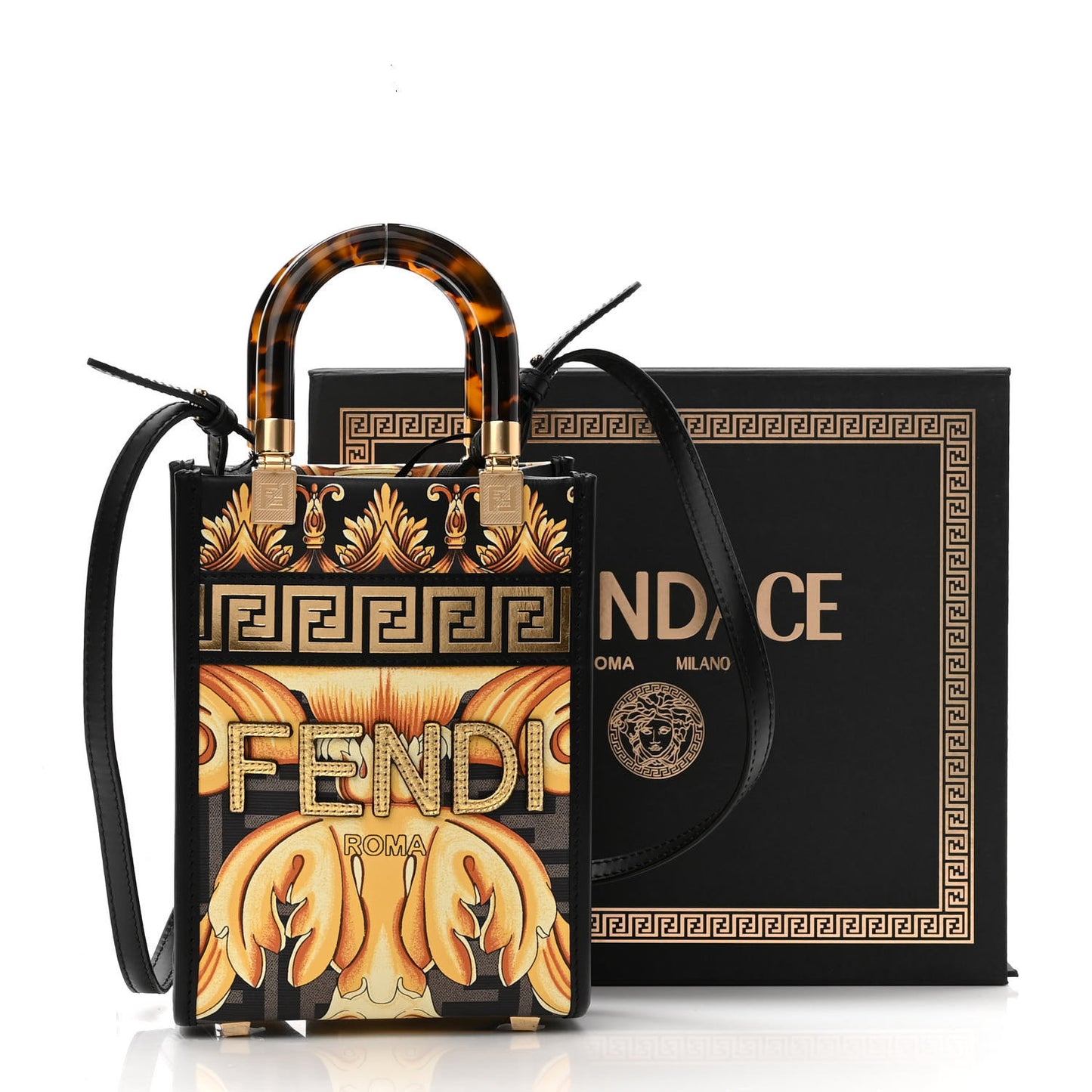 X VERSACE Vitello King Catalan Mirror Plexiglass Fendace FF Baroque Logo Mini Fendi Sunshine Shopper Tote Black Gold