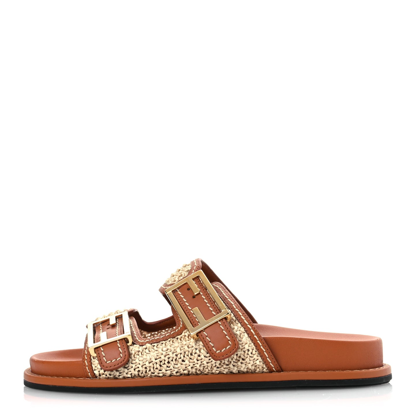 Raffia Vitello Womens Fendi Feel Buckled Slide Sandals 37 Paglia Brandy