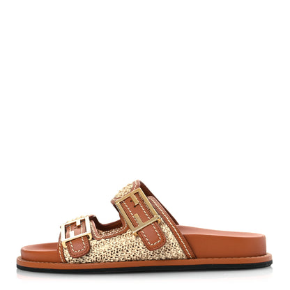 Fendi Raffia Vitello Womens Fendi Feel Buckled Slide Sandals 37 Paglia Brandy 1 of 12