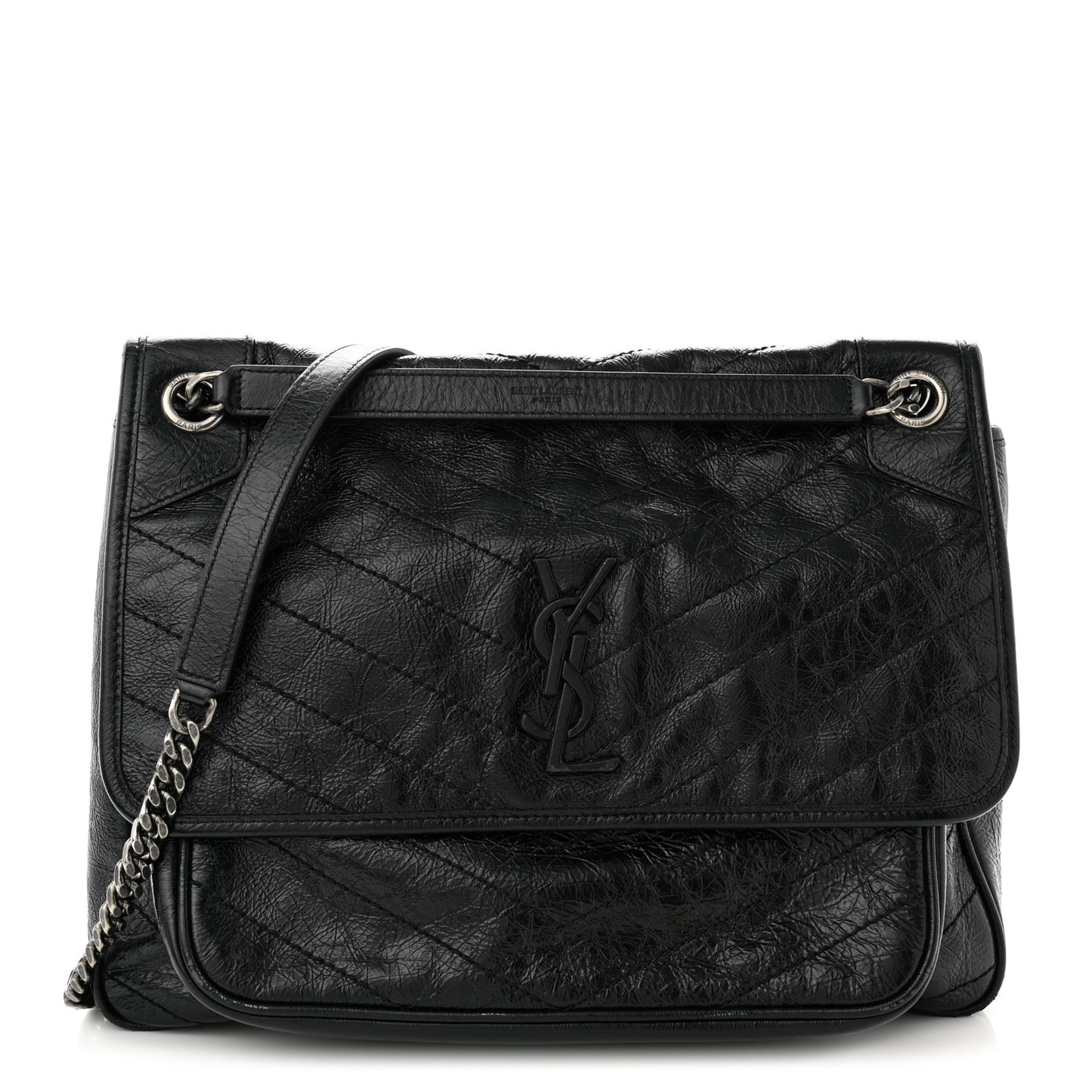 Crinkled Calfskin Matelasse Monogram Large Niki Chain Satchel Black