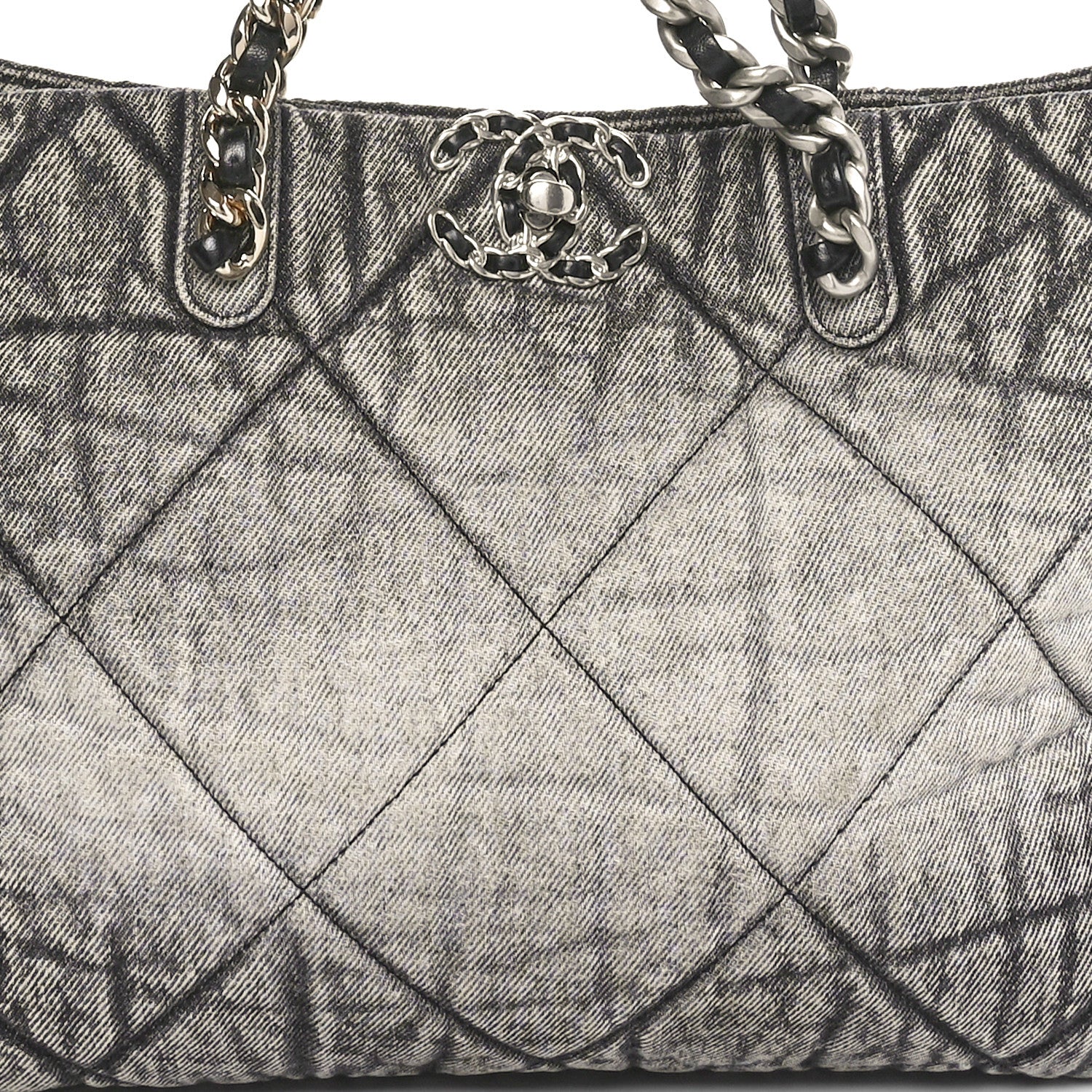 Chanel Washed Denim Quilted Chanel 19 East West Shopping Bag Black White 8 of 10