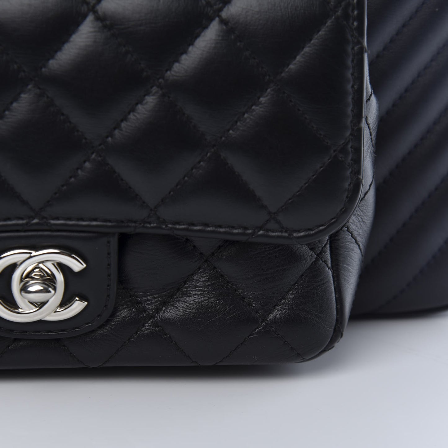 Calfskin Chevron Quilted Double Camera Bag With Flap Black