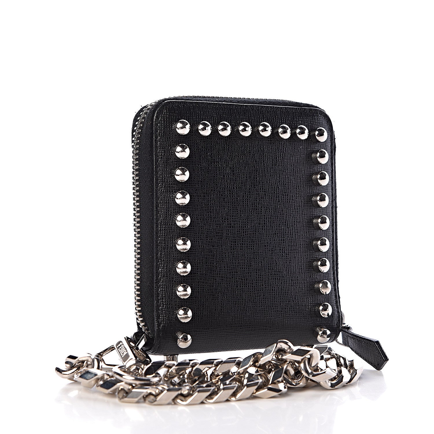 Fendi Vitello Elite Flamingo Mink Karlito Studded Zip Around Chain Wallet Black White Plaster 3 of 7