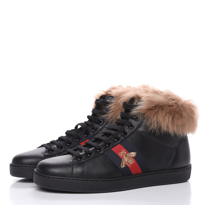 Gucci Calfskin Wool Web Bee Embroidered Mens Ace High Top Sneakers 8.5 Black 3 of 8