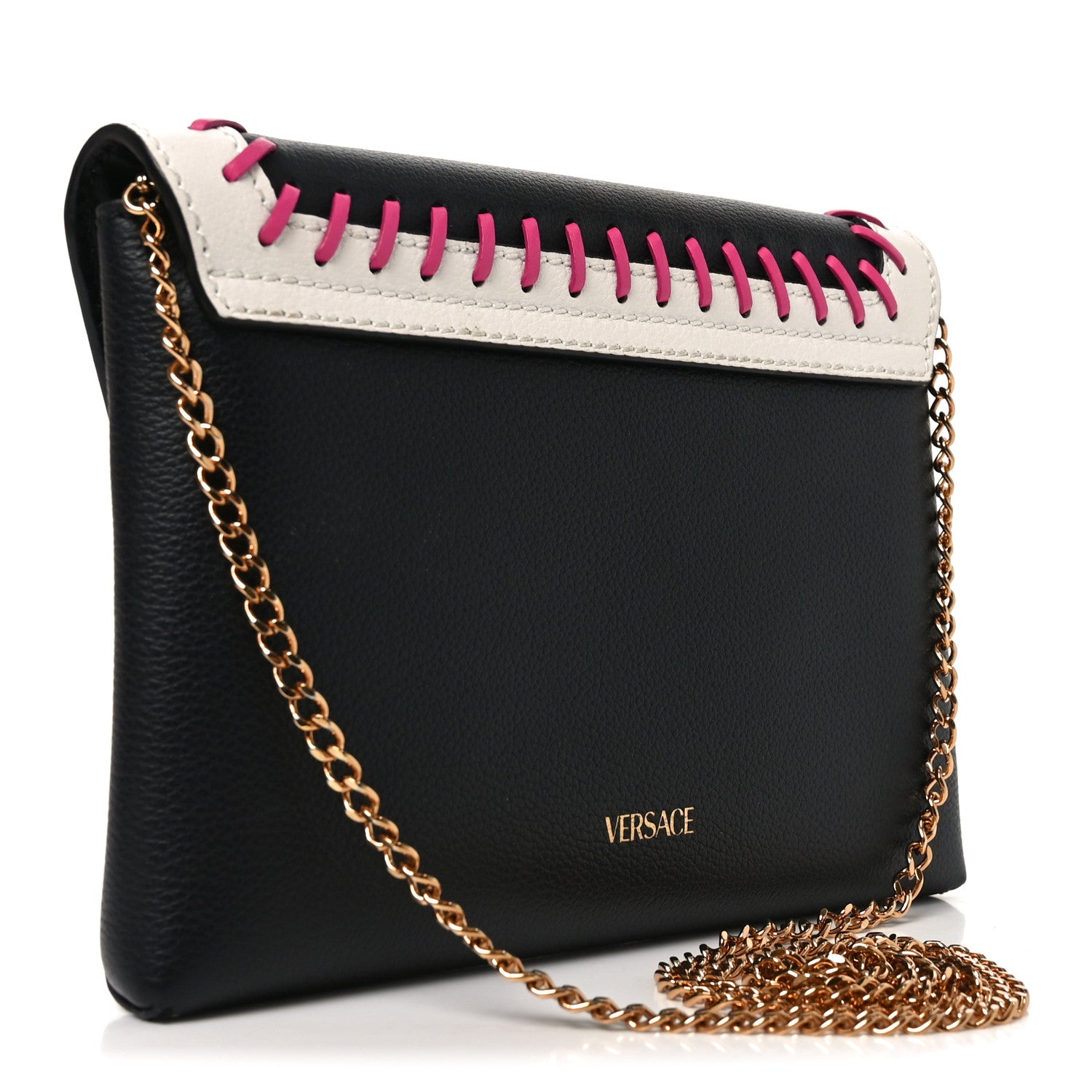 Versace Calfskin Medusa Whipstitch Envelope Clutch Black White 3 of 9