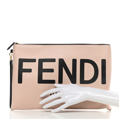 Fendi Vitello Fluffy Grace Logo Embossed Large Flat Pouch Rosa Quarzo Black 2 of 10