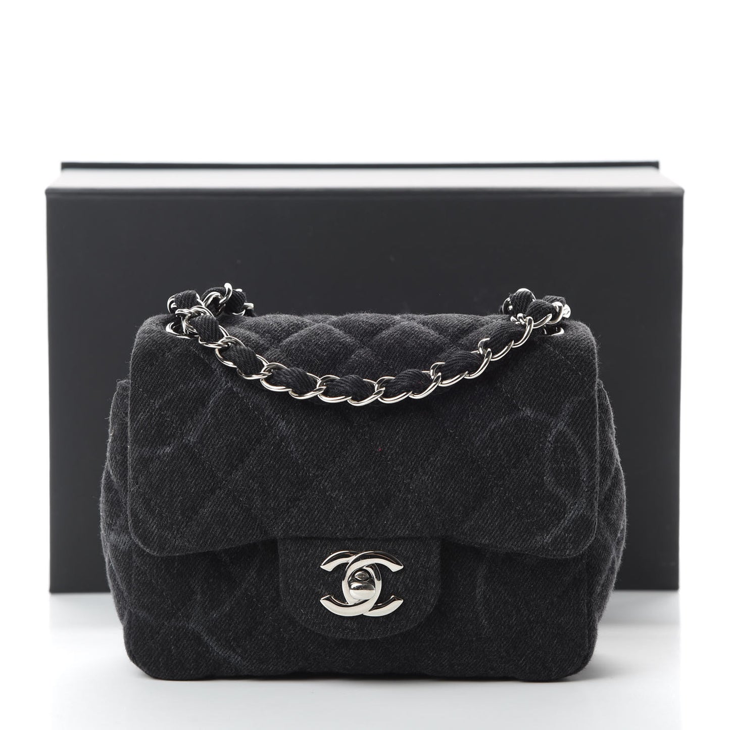 Denim CC Quilted Mini Square Flap Black