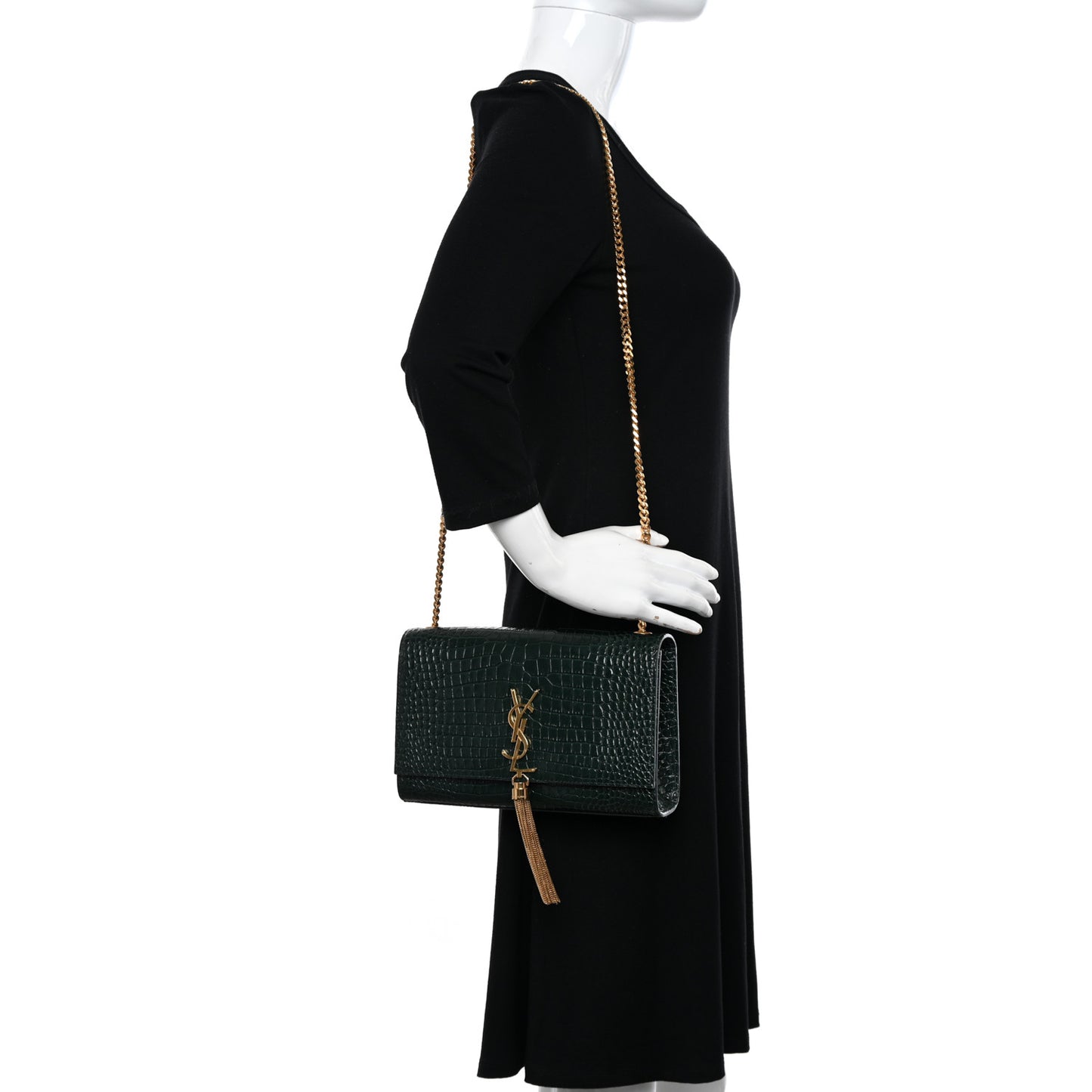 Calfskin Crocodile Embossed Medium Classic Monogram Kate Tassel Satchel Dark Mint