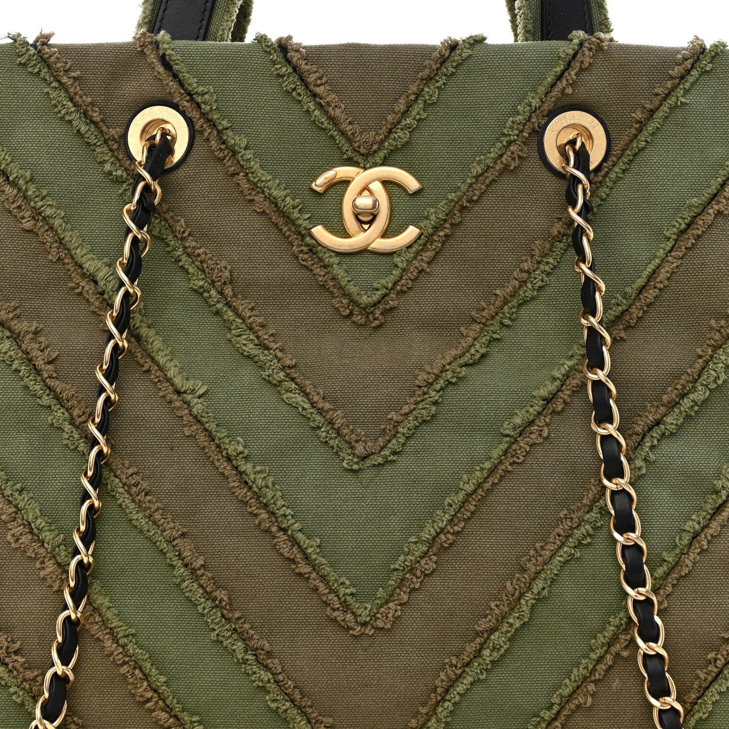 Chanel Canvas Chevron Cuba Patchwork Shopper Tote Khaki 8 of 12