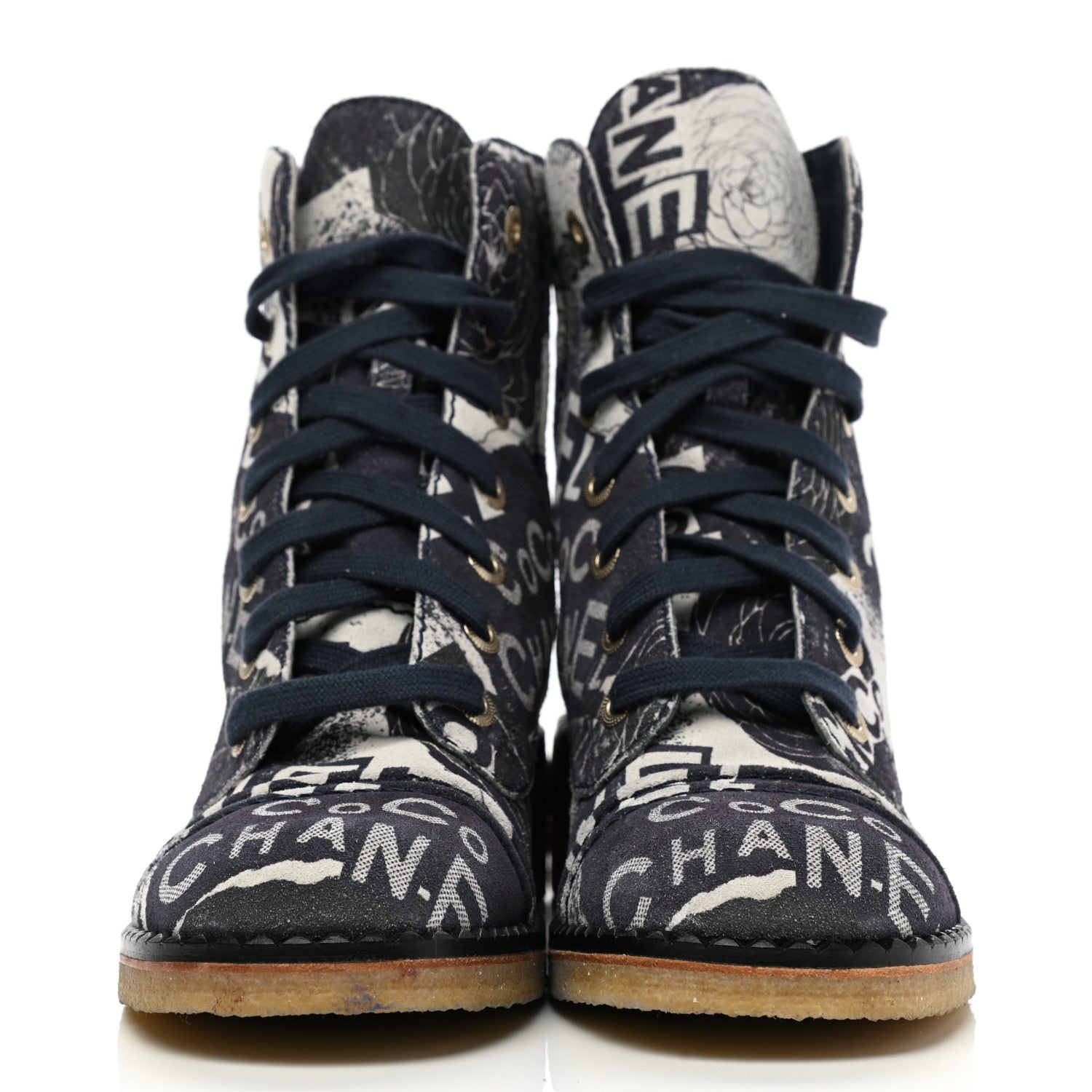 Chanel Printed CC Canvas 31 Rue Cambon Lace Up Combat Boots 38 Navy Black 2 of 9