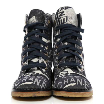 Chanel Printed CC Canvas 31 Rue Cambon Lace Up Combat Boots 38 Navy Black 2 of 9