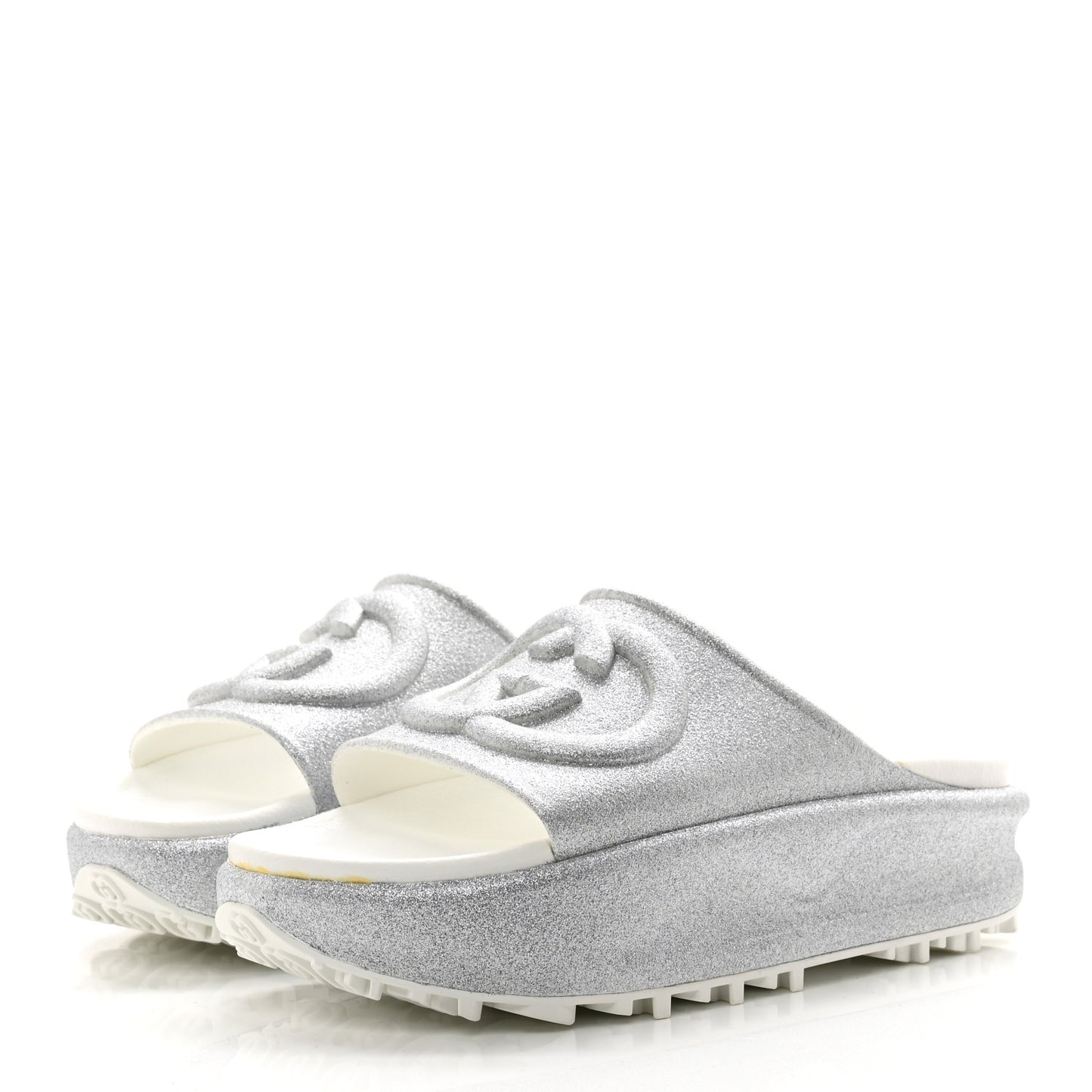 Glitter Rubber Womens Interlocking G Platform 42mm Slide Sandals 38 Silver