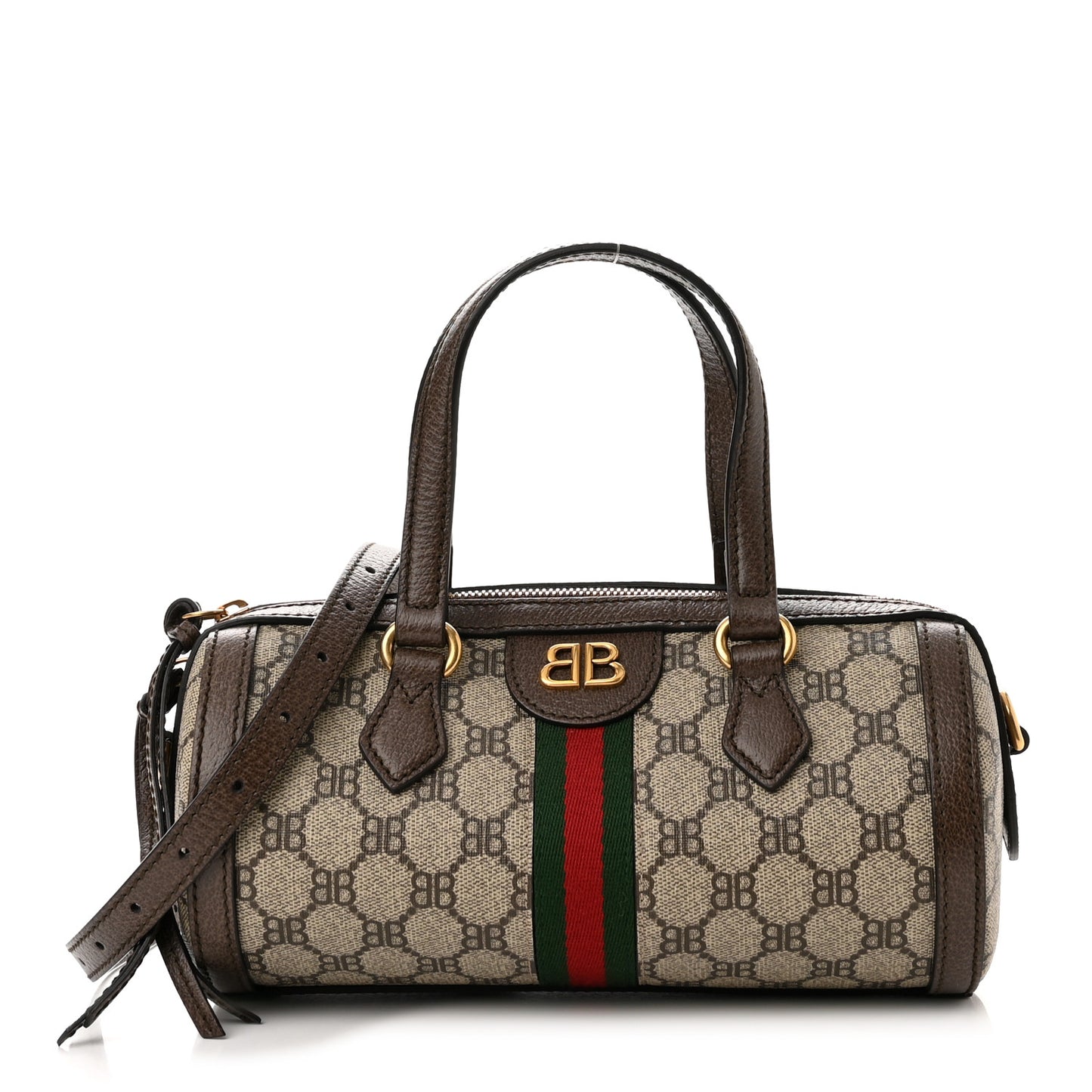 X BALENCIAGA BB Supreme Monogram Web Small Ophidia Boston Bag Beige New Acero