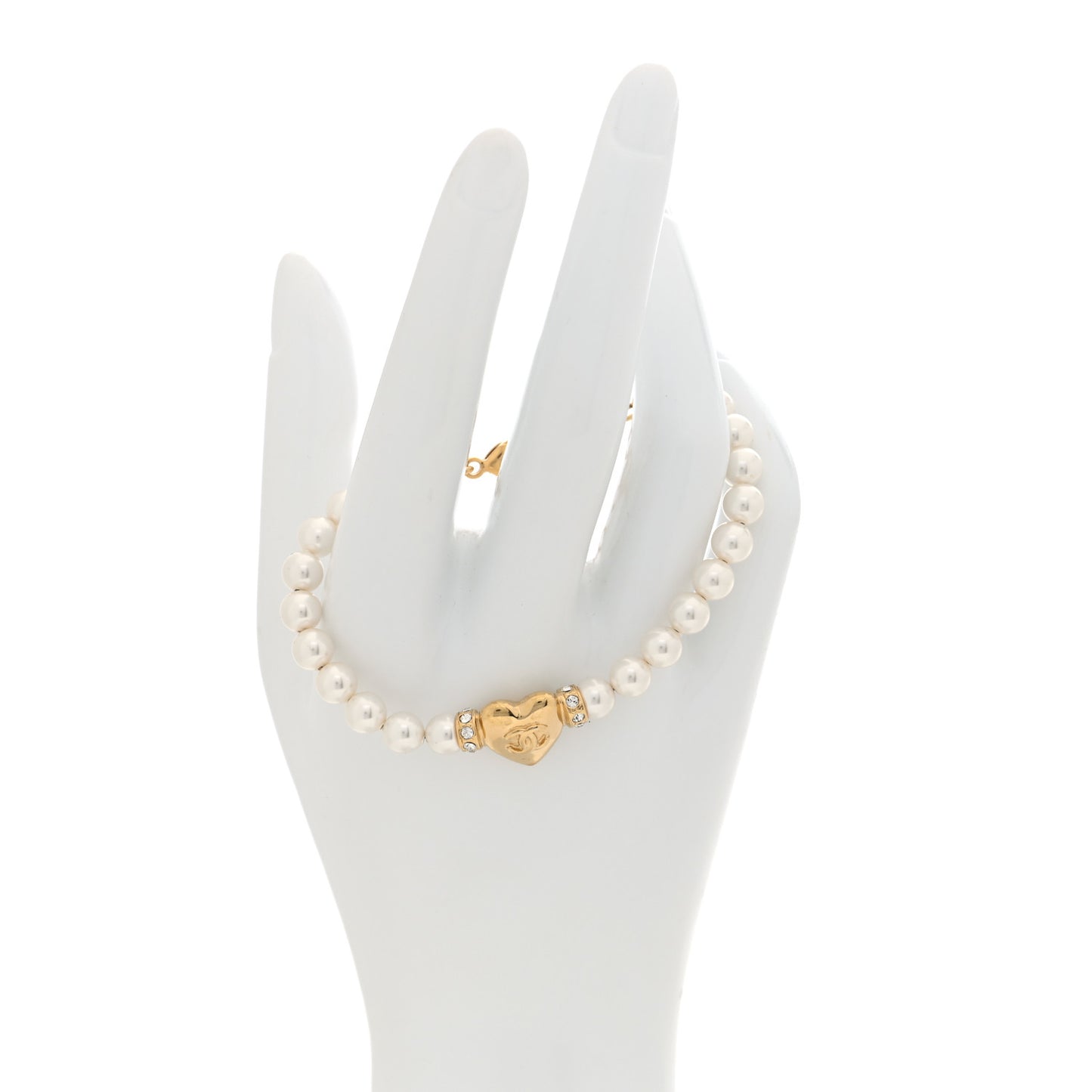 Pearl Crystal CC Heart Bracelet  Gold Pearly White