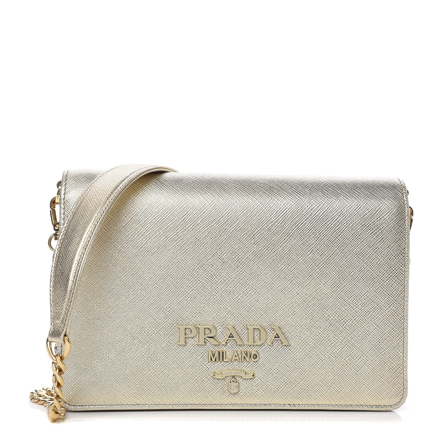 Metallic Saffiano Lux Chain Wallet Pirite