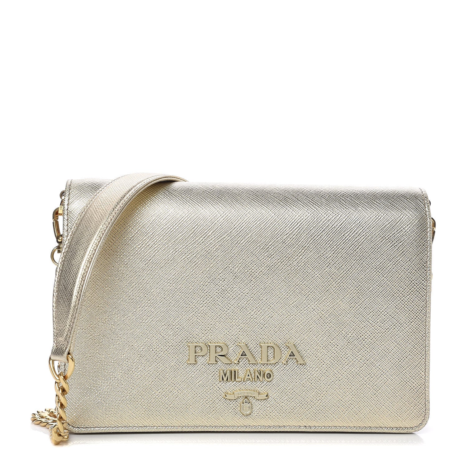 Prada Metallic Saffiano Lux Chain Wallet Pirite 1 of 10