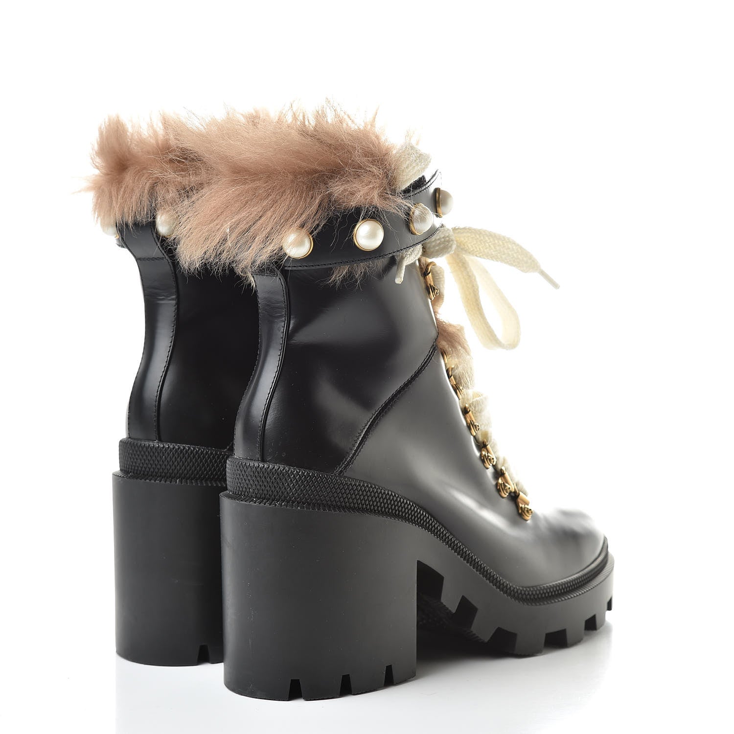 Gucci Magnum Calfskin Fur Pearl Lace Up Combat Ankle Boots 38.5 Black Naturale 4 of 10