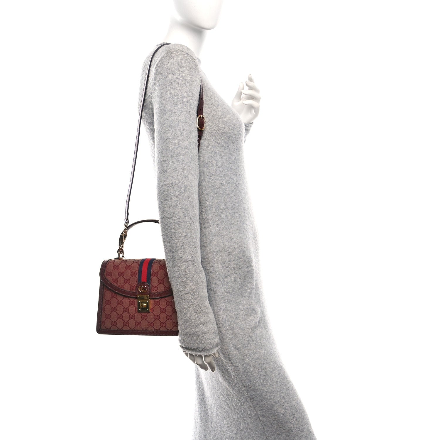 Gucci GG Supreme Monogram Textured Dollar Calfskin Web Small Ophidia Padlock Top Handle Bag Bordeaux 2 of 10