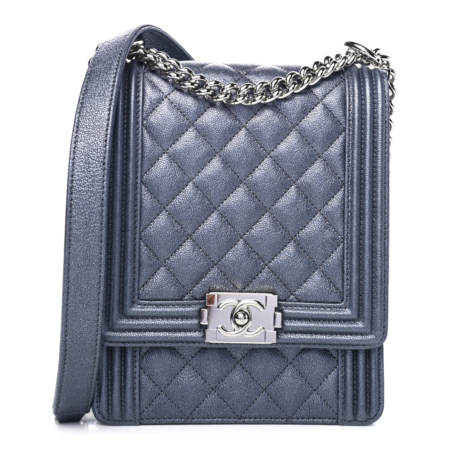 Iridescent Caviar Quilted North South Boy Flap Silver