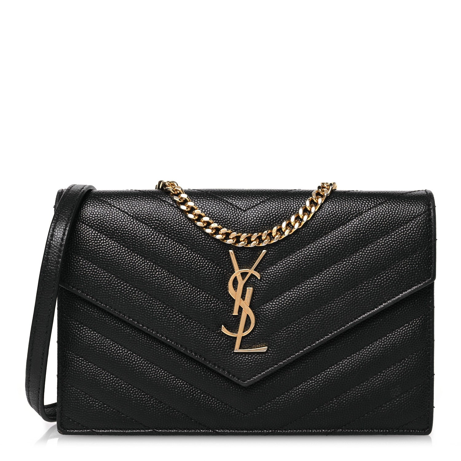 Saint Laurent Grain De Poudre Matelasse Chevron Monogram Envelope Chain Wallet Black 1 of 14