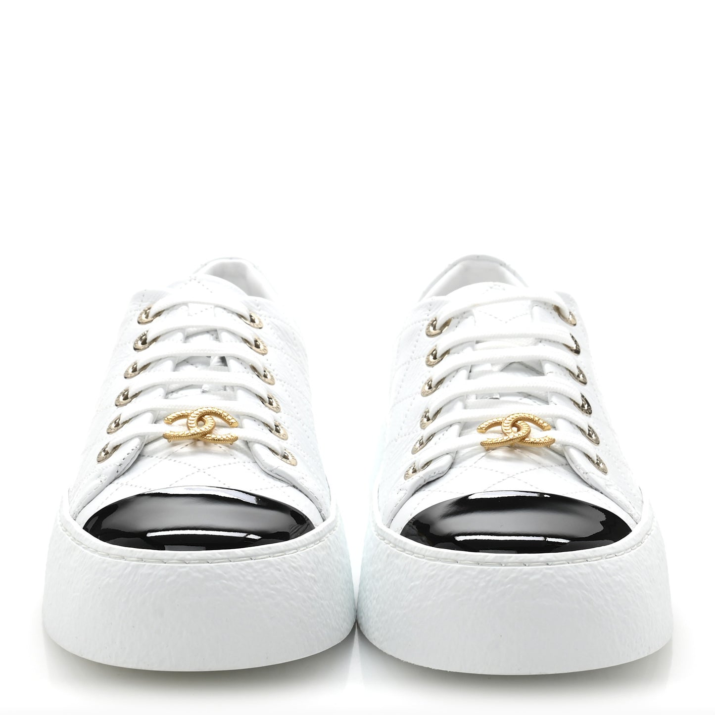 Crumpled Lambskin Patent Cap Toe CC Stitched Sneakers 41 White Black