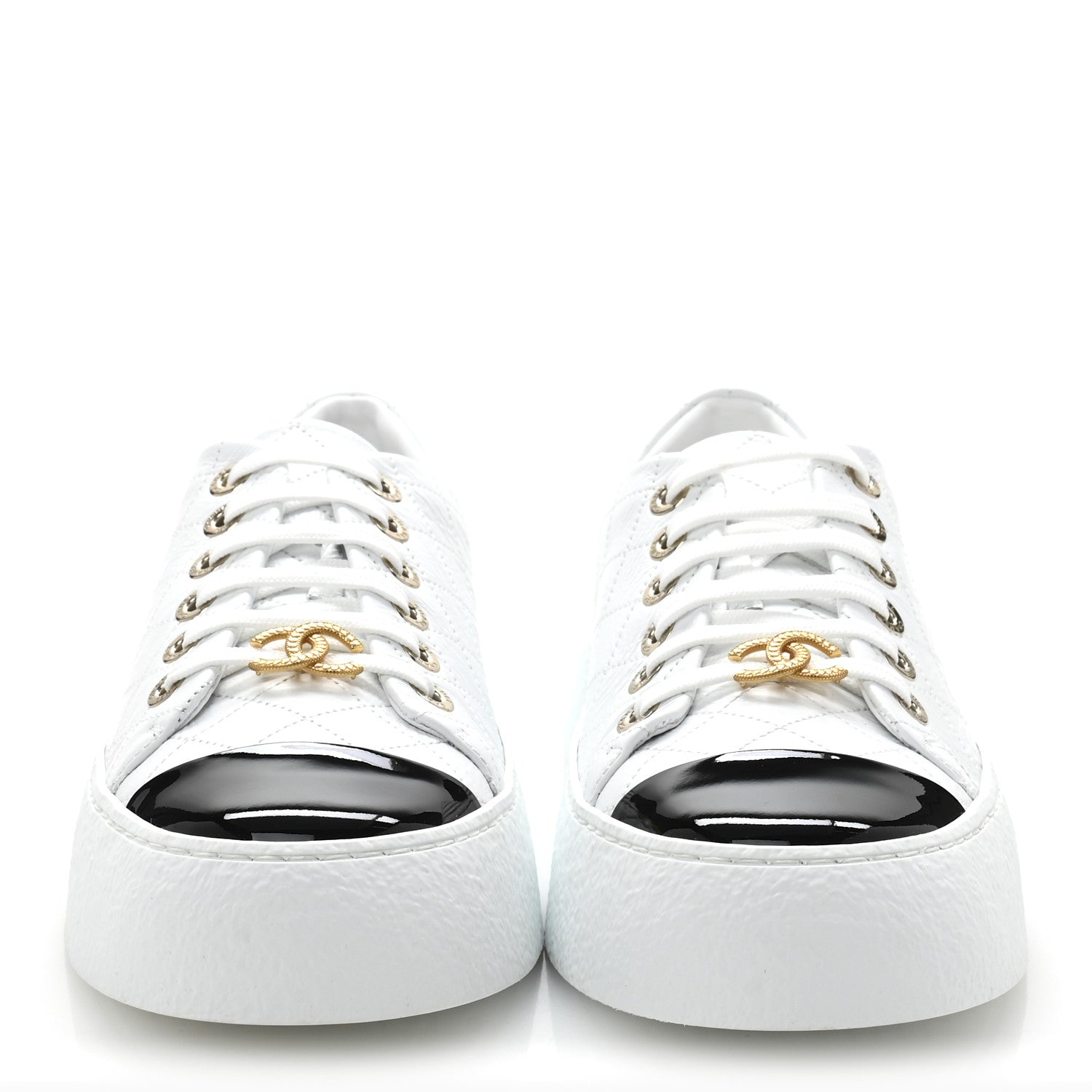 Chanel Crumpled Lambskin Patent Cap Toe CC Stitched Sneakers 41 White Black 3 of 10