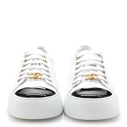 Chanel Crumpled Lambskin Patent Cap Toe CC Stitched Sneakers 41 White Black 3 of 10