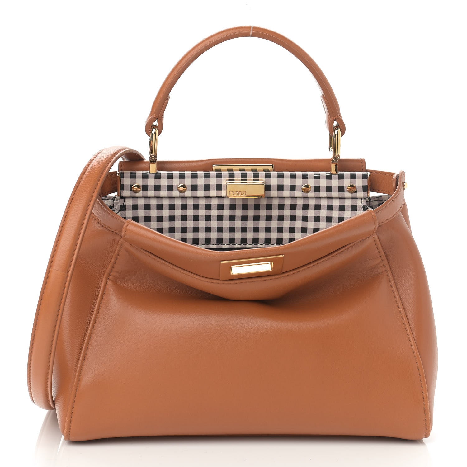 Fendi Nappa Vitello Century Gingham Embossed Mini Peekaboo Iconic Satchel Brandy White Black 7 of 12