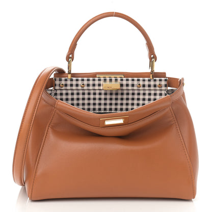 Fendi Nappa Vitello Century Gingham Embossed Mini Peekaboo Iconic Satchel Brandy White Black 7 of 12
