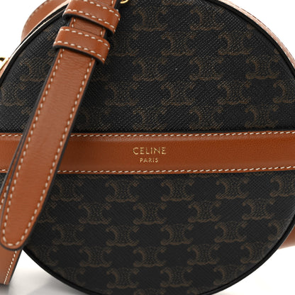 Celine Lambskin Triomphe Canvas Round Purse On Strap Black Tan 8 of 10