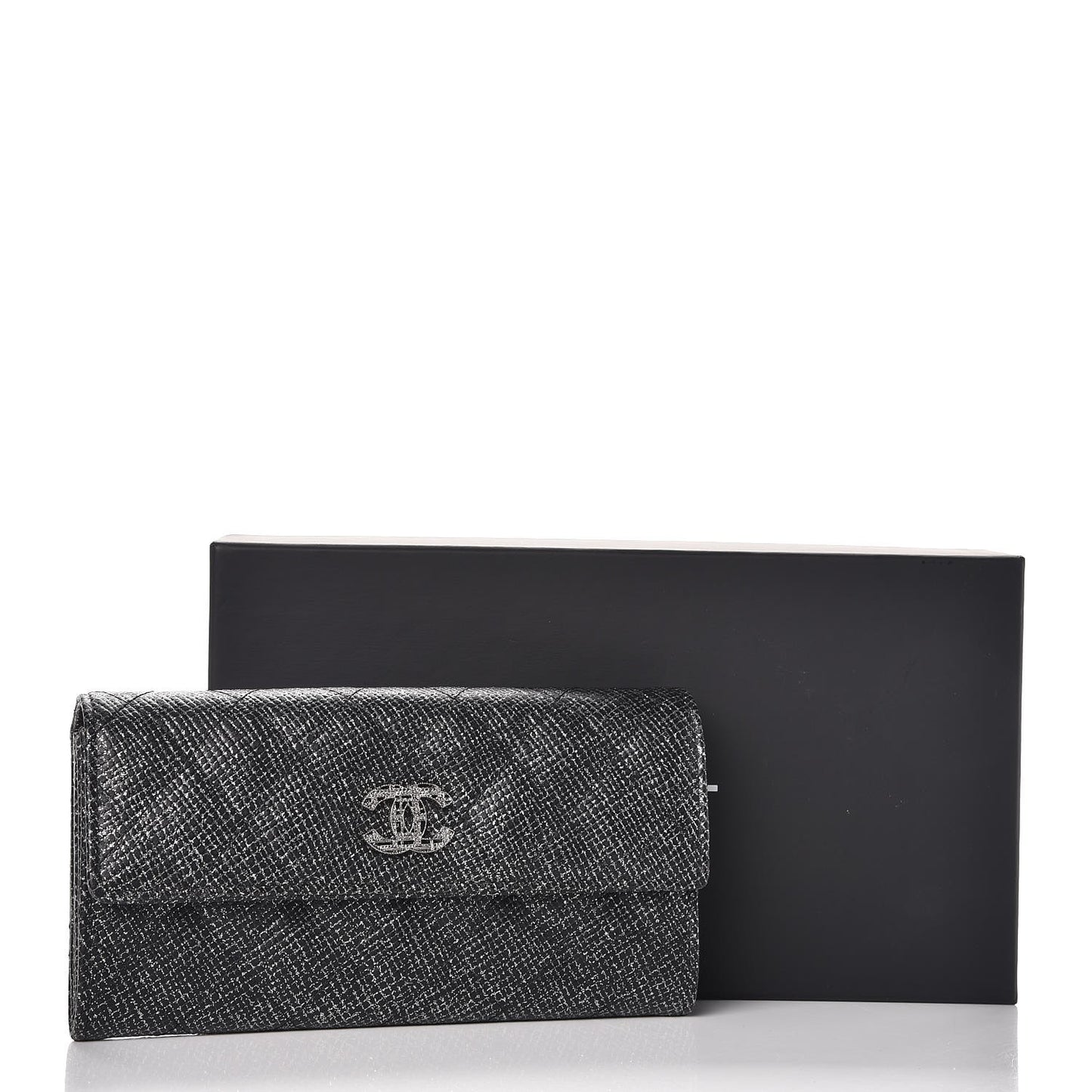 Glitter Calfskin Quilted Long Flap Wallet Black