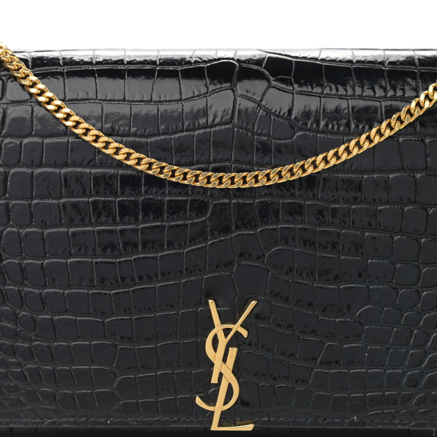 Saint Laurent Calfskin Crocodile Embossed Monogram Chain Wallet Black 7 of 12