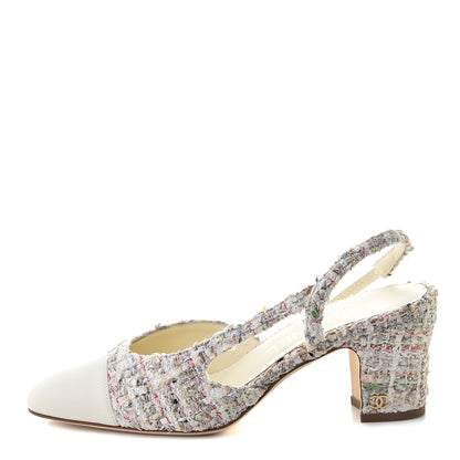 Chanel Tweed Lambskin Cap Toe CC Slingback Pumps 36 Brown Ecru Green White 1 of 8