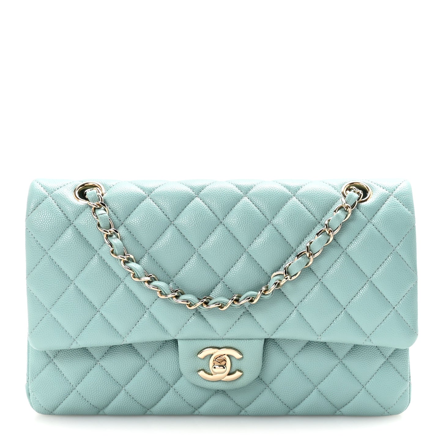 Caviar Quilted Medium Double Flap Light Blue