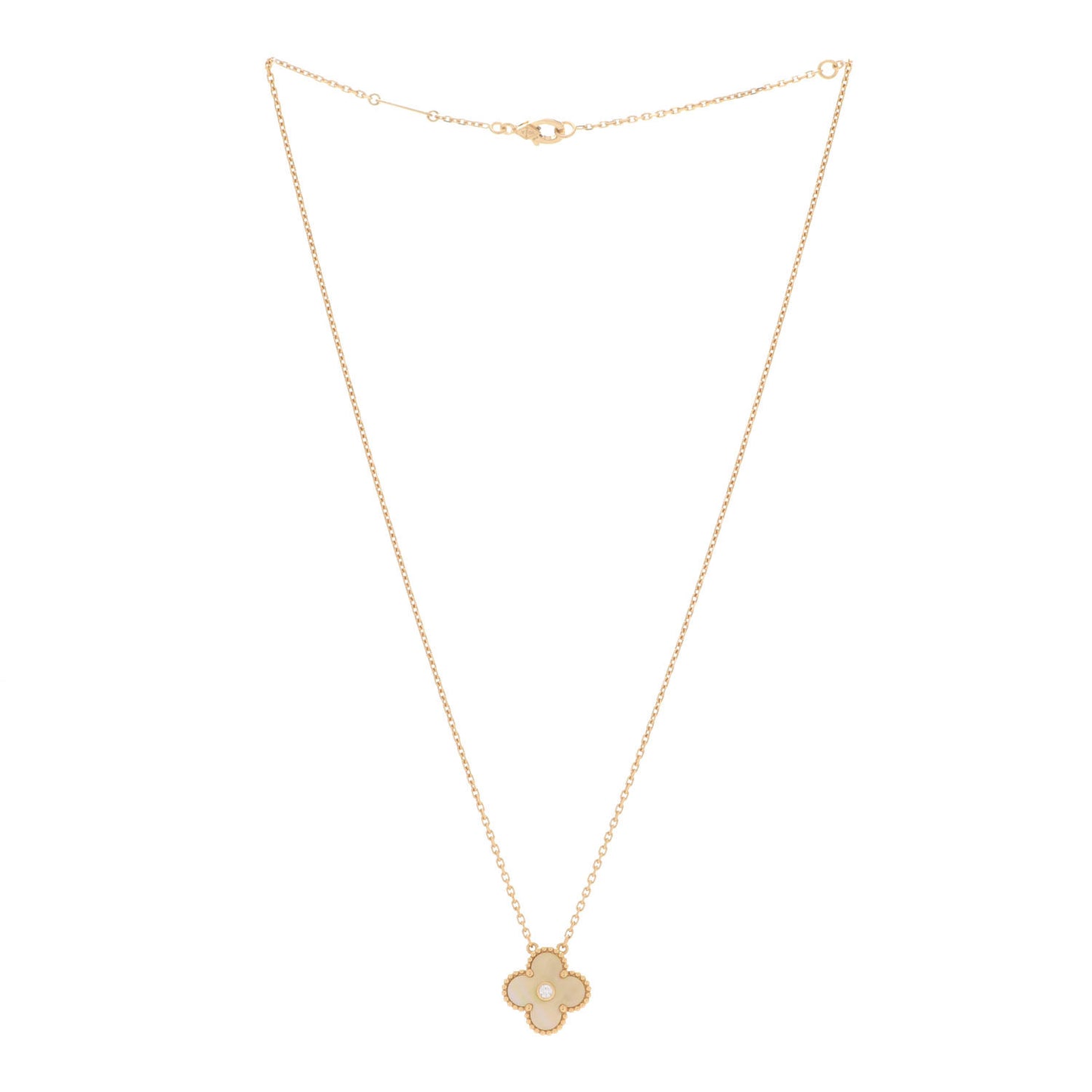 18K Yellow Gold Diamond Yellow Mother of Pearl Vintage Alhambra Pendant Necklace