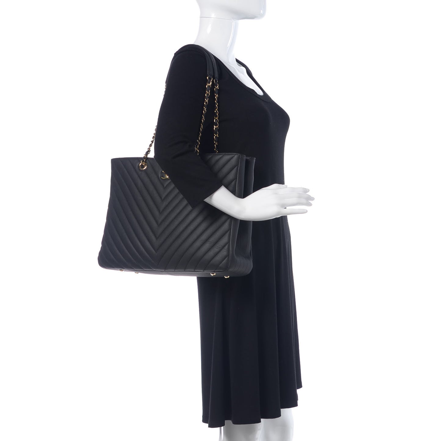 Caviar Chevron Quilted Large Shopping Tote Black