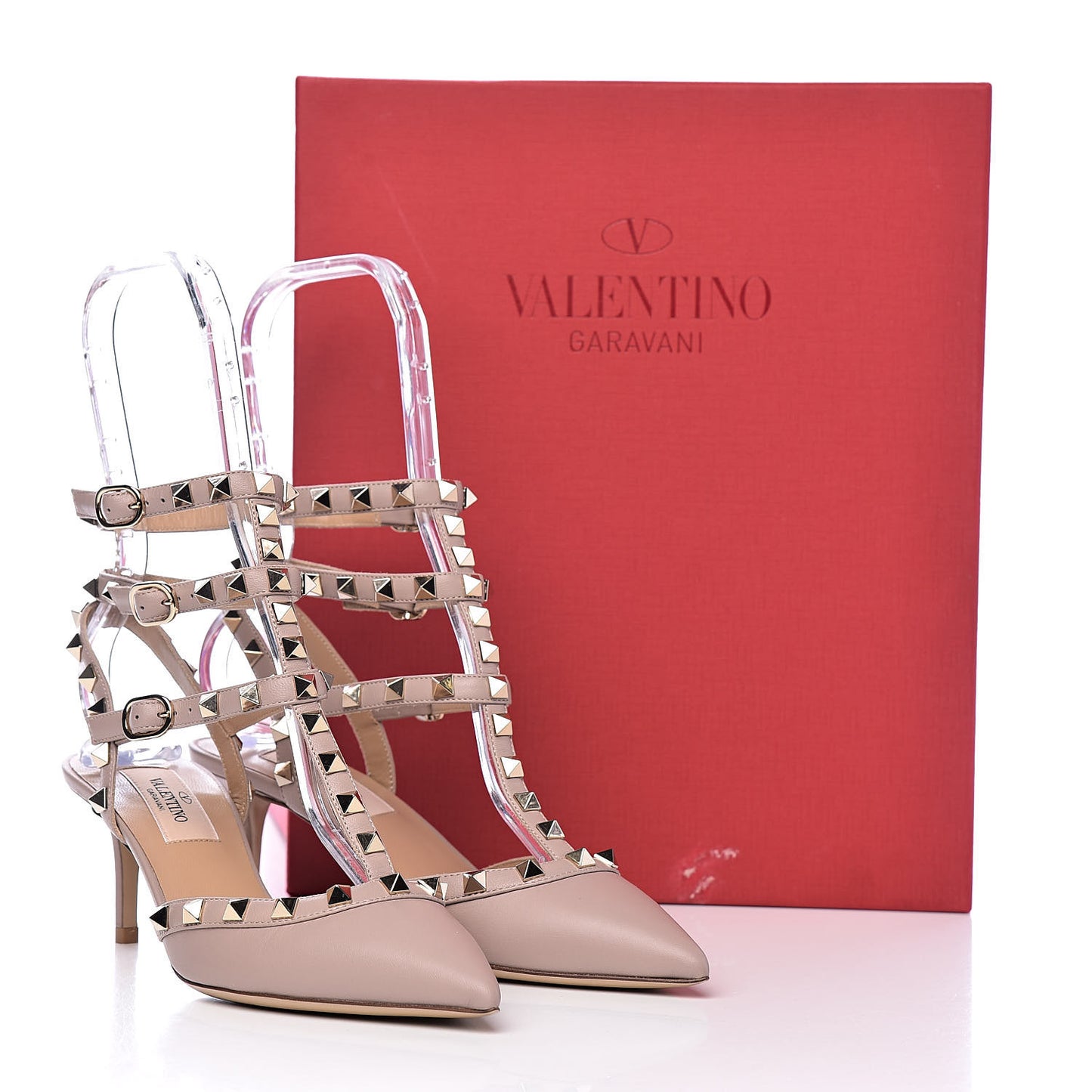 Nappa Rockstud Ankle Strap Low Heel Pumps 35.5 Poudre