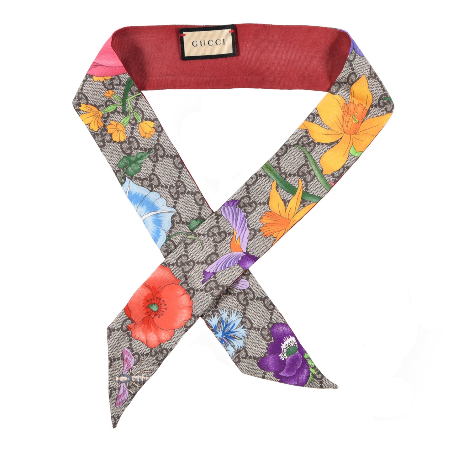 Silk Twill GG Monogram Special Flory Neck Bow Scarf Beige Red
